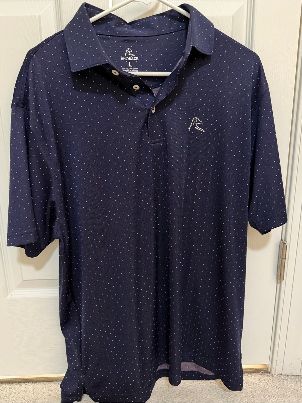 Men’s Rhoback Polo Performance Shirt size L- Navy with pink polka dots